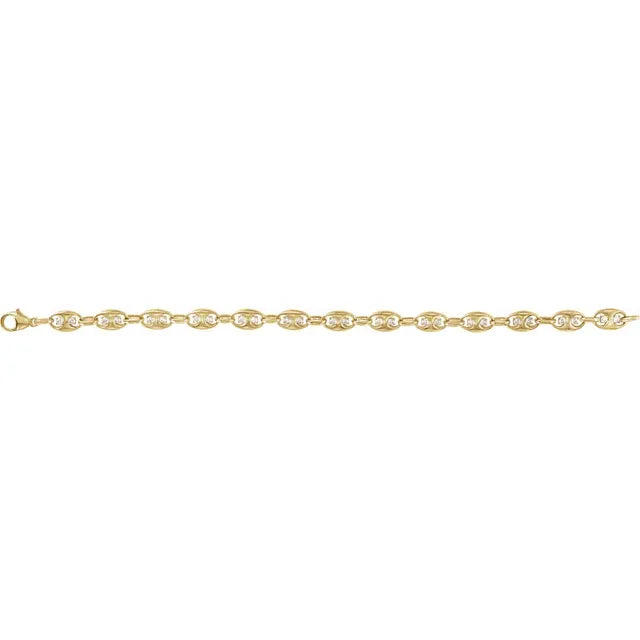 14K yellow gold mariner link bracelet with 1 CTW lab-grown diamonds laid out straight, 7.5 inches long