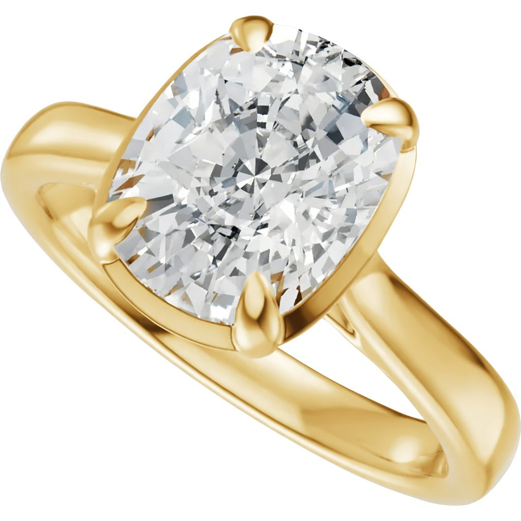 2.5ct Elongated Cushion Cut Lab Grown Diamond Solitaire Engagement Ring in 14K Yellow Gold – worn on finger