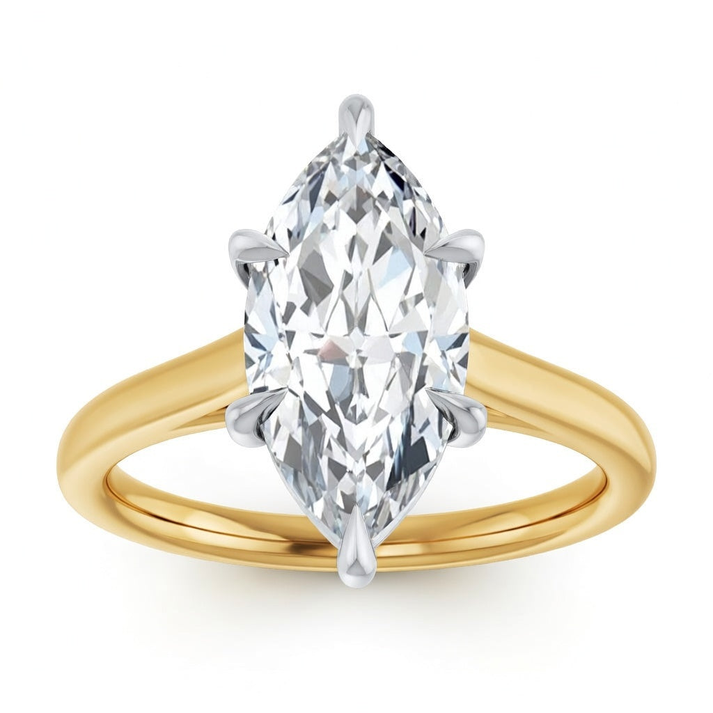 2.5 carat marquise cut lab grown diamond solitaire engagement ring in two-tone yellow and white 18K gold front view – sparkling center stone