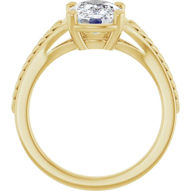 Side view of 14K yellow gold band on 2.5ct elongated cushion solitaire engagement ring