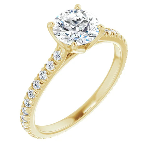 1.41 CT round diamond accent ring in 14K yellow gold shown from the front. Features a brilliant round lab-grown diamond center stone with delicate pavé accents along the shank.