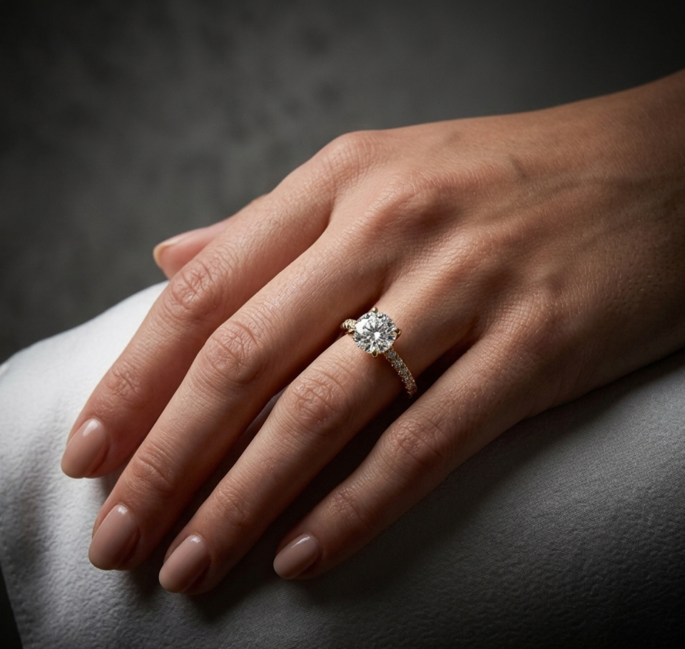 1.41 CT round diamond accent ring in 14K yellow gold worn on a model’s hand. Elegant solitaire-style design with sparkling pavé accents, shown in a soft lifestyle setting.