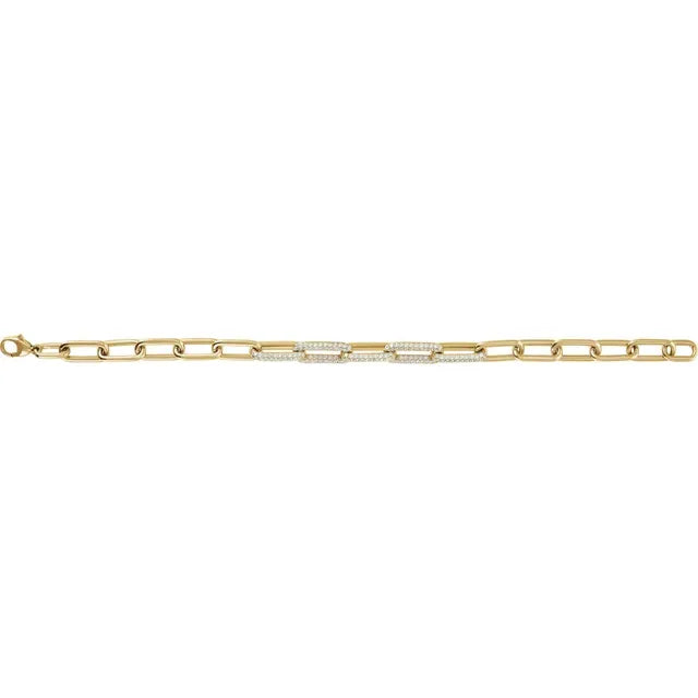 14K yellow gold 7-inch paperclip link bracelet featuring 1.5 carat total weight of sparkling lab-grown diamonds, shown fully extended