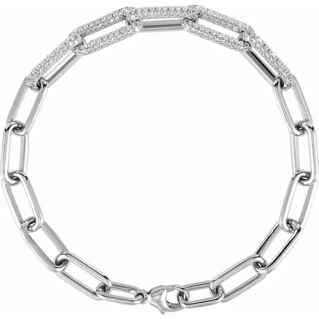 14K white gold paperclip-style bracelet with 1.5 CTW lab-grown diamonds, shown in a circular flat lay view | JC Fine Jewelry