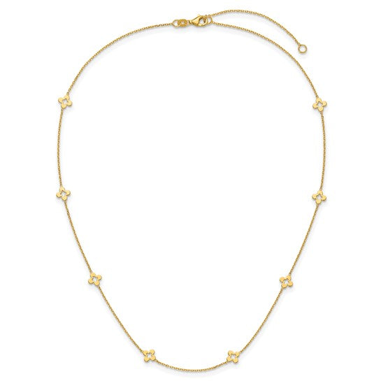 14K polished open clover station necklace 16 inch with 2 inch extension – front view showing delicate clover stations on yellow gold chain