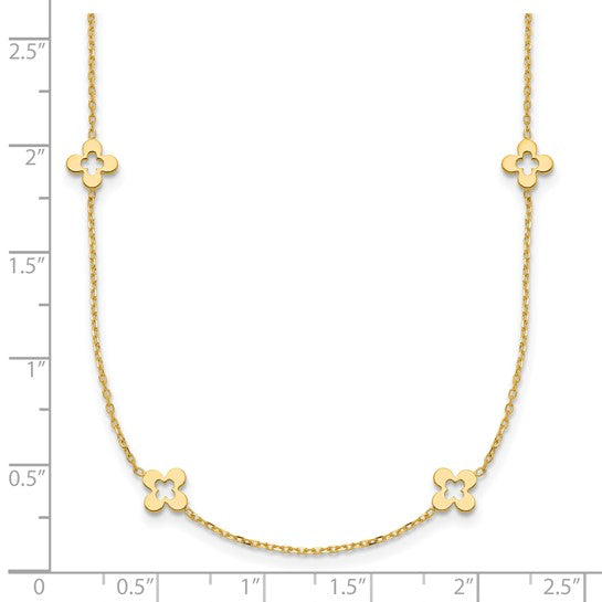 14K yellow gold open clover station necklace showing 16 inch length with 2 inch extension and detailed clover design