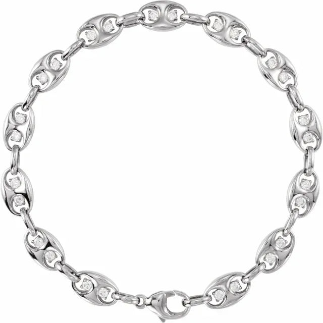 14K white gold mariner link bracelet featuring 1 CTW sparkling lab-grown diamonds, shown in circular flat lay