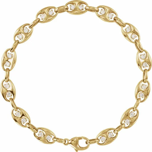 14K yellow gold mariner link bracelet featuring 1 CTW sparkling lab-grown diamonds, shown in circular flat lay