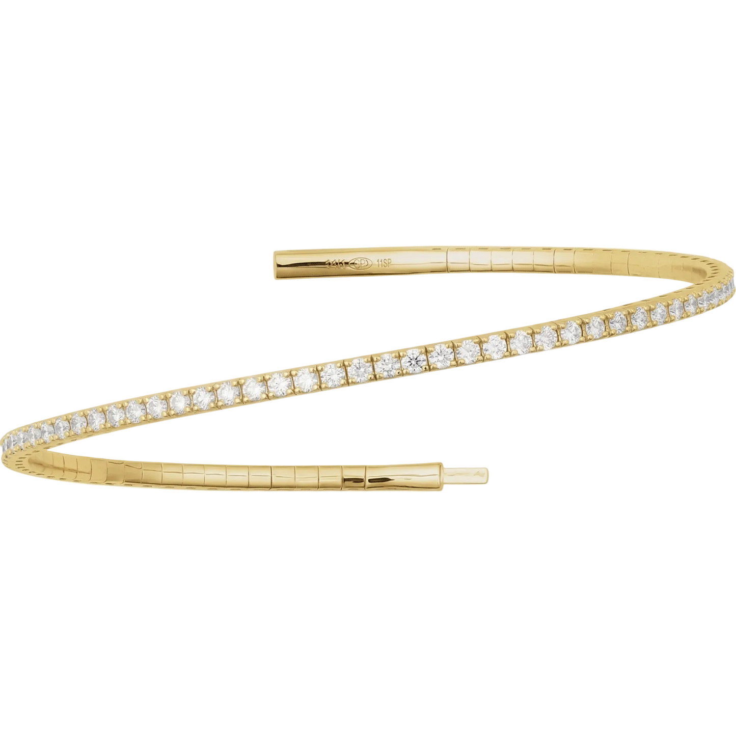 14K yellow gold 3 CTW lab-grown diamond flexible bangle bracelet shown open, 7 inches