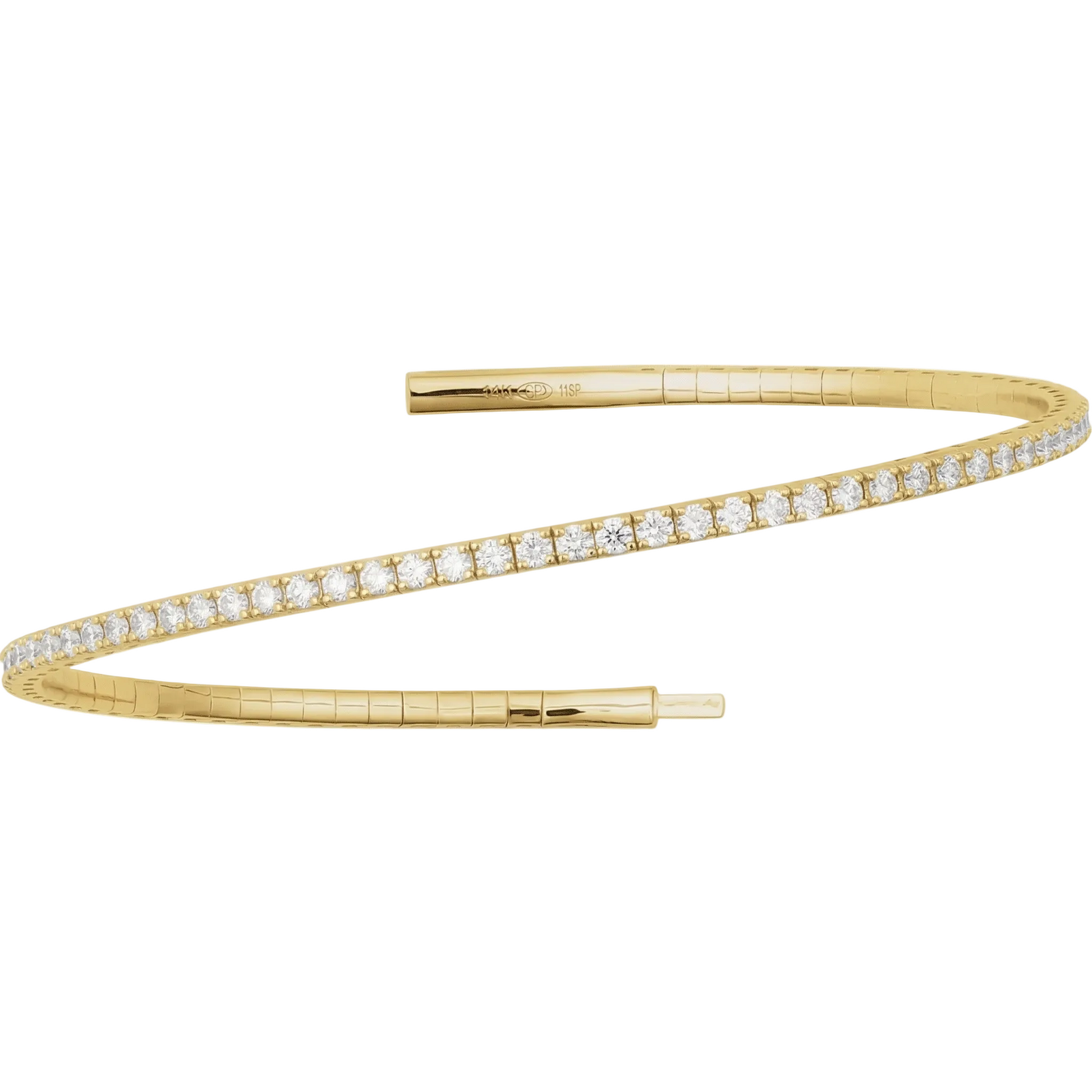 14K yellow gold 3 CTW lab-grown diamond flexible bangle bracelet shown open, 7 inches