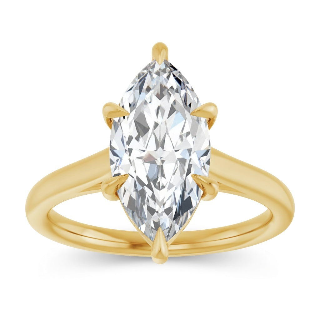 2.5 carat marquise cut lab grown diamond solitaire engagement ring in 18K yellow gold front view – sparkling center stone
