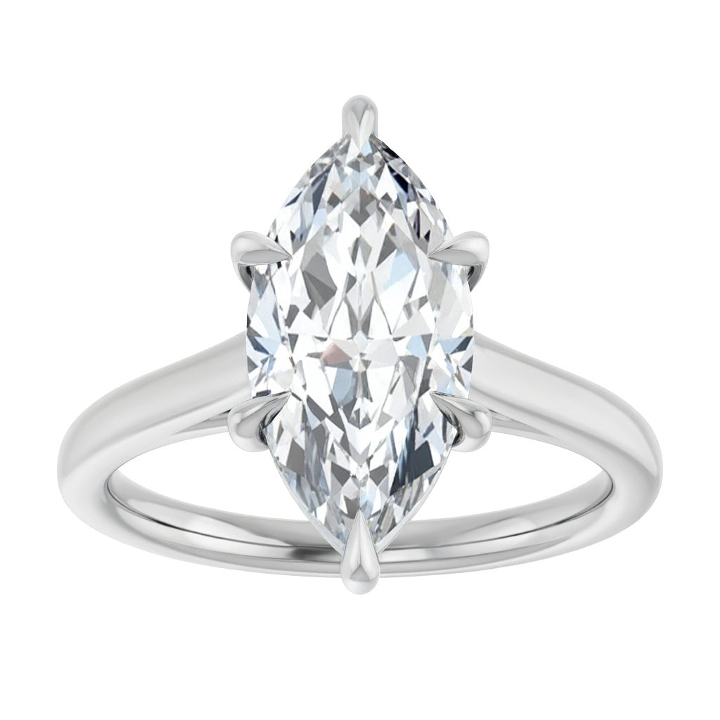 2.5 carat marquise cut lab grown diamond solitaire engagement ring in 18K white gold front view – sparkling center stone