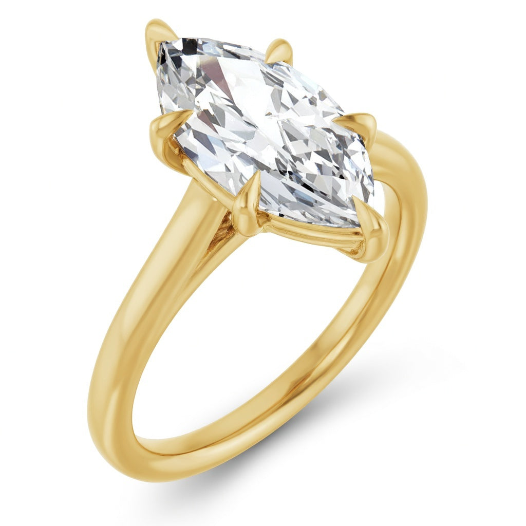 2.5 carat marquise cut lab grown diamond solitaire engagement ring in 14K yellow gold close up – sparkling center stone