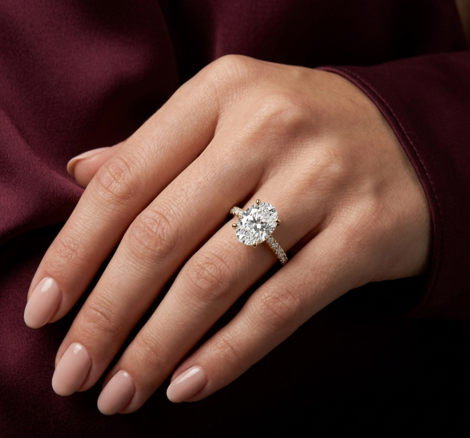 2.7 CT oval diamond accent ring in 14K yellow gold worn on a model’s hand. Elegant solitaire-style design with sparkling pavé accents, shown in a soft lifestyle setting.