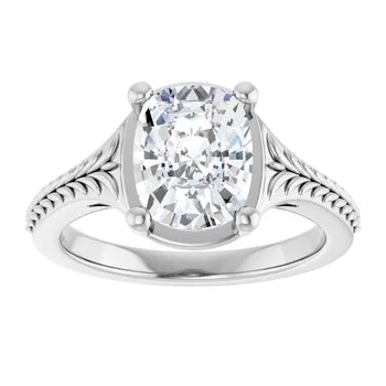 Close-up of 2.5 carat elongated cushion cut diamond prong setting