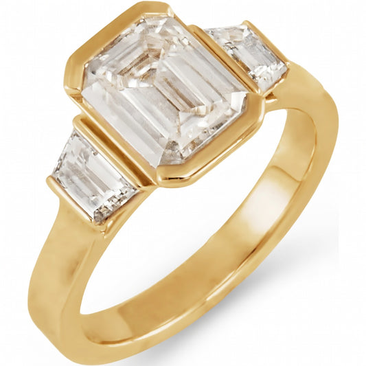 2.5ct emerald cut three stone lab grown diamond engagement ring in 14K yellow gold – top view