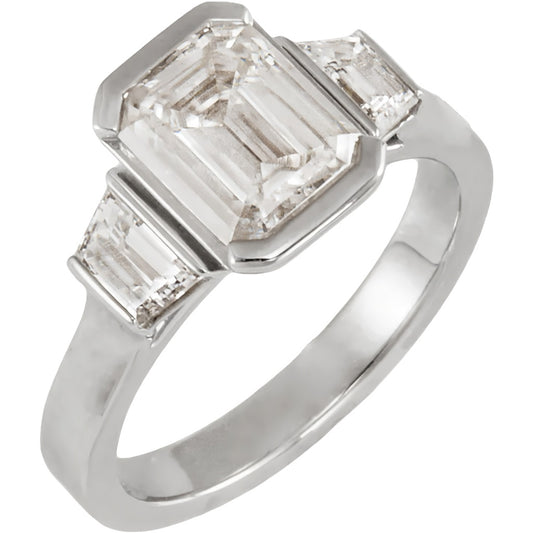 2.5ct emerald cut three stone lab grown diamond engagement ring in 14K white gold – close up view