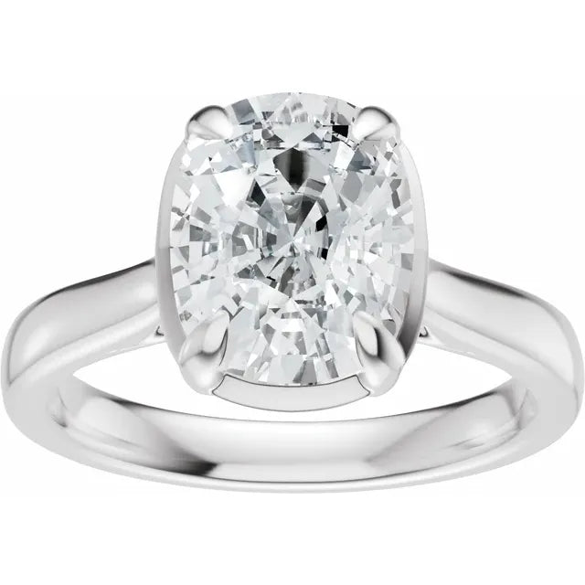 Close-up of 2.5ct elongated cushion cut lab grown diamond solitaire in 14K white gold prong setting