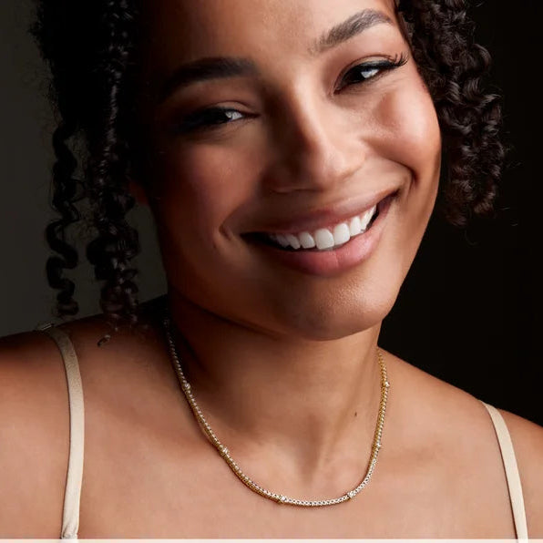 14K yellow gold Whispering Lights Diamond Line Necklace with 4 CTW lab-grown diamonds, 16 inches, closed worn by model