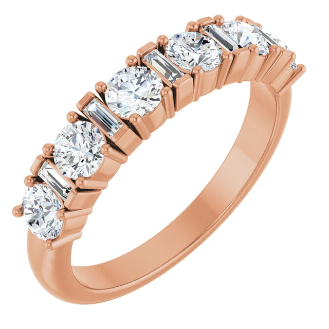  14K rose gold Diamond Anniversary Band featuring sparkling round and baguette lab-grown diamonds