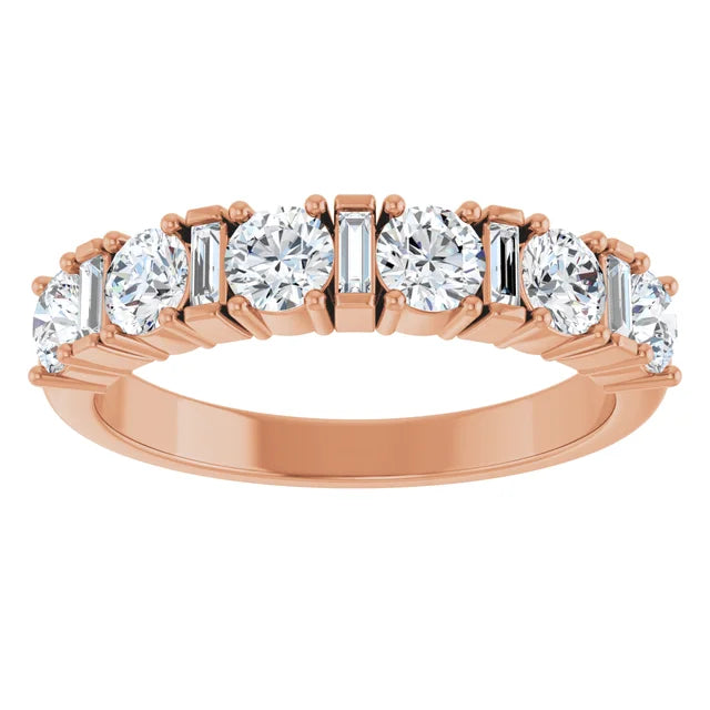 Close -up of  14K rose gold Diamond Anniversary Band featuring sparkling round and baguette lab-grown diamonds