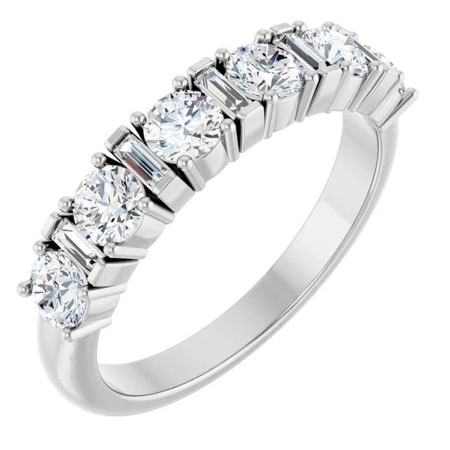 Close-up of 14K white gold Diamond Anniversary Band featuring sparkling round and baguette lab-grown diamonds