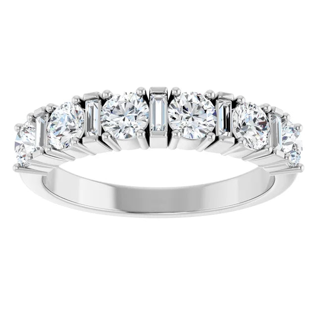  Close-up of 14K white gold Diamond Anniversary Band featuring sparkling round and baguette lab-grown diamonds
