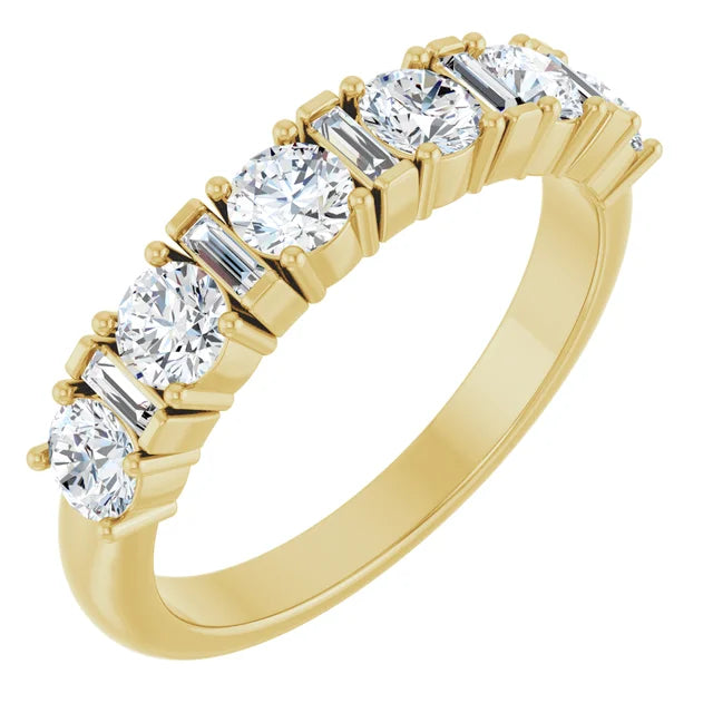 Angled view of 14K yellow gold Anniversary Eternity Band with elegant mixed-cut diamond design