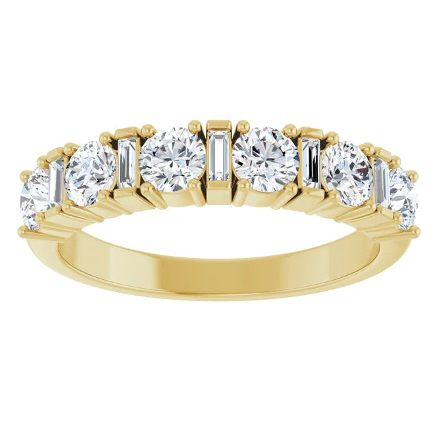 Close-up of 14K yellow gold Diamond Anniversary Band featuring sparkling round and baguette lab-grown diamonds