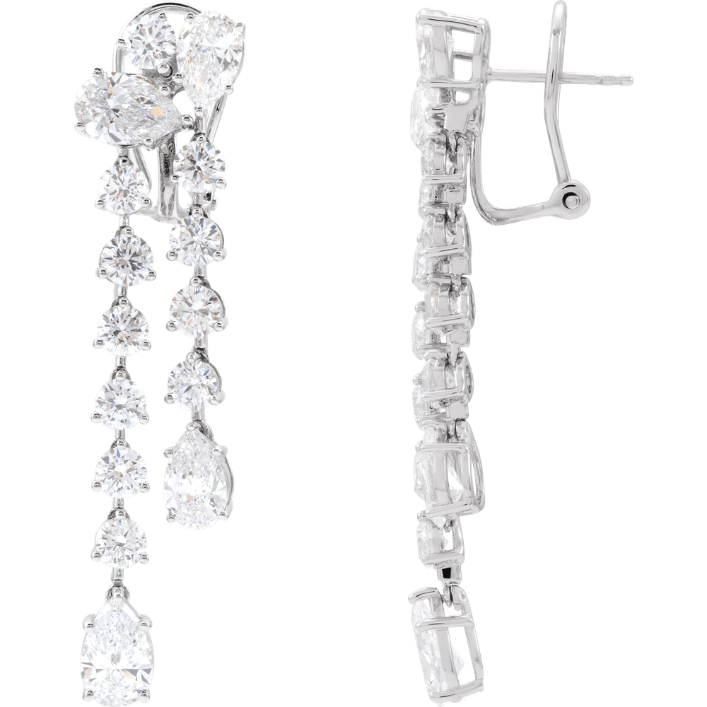 Right earring side profile of 14K white gold luxury dangle earrings featuring a waterfall of sparkling lab-grown diamonds, 46.6mm length