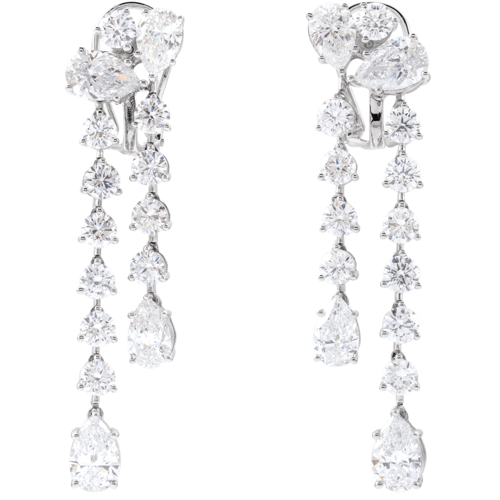 14K white gold Cascade of Diamonds dangle earrings with 9.5 carat lab-grown diamonds, showing full cascading design with pear and round cuts