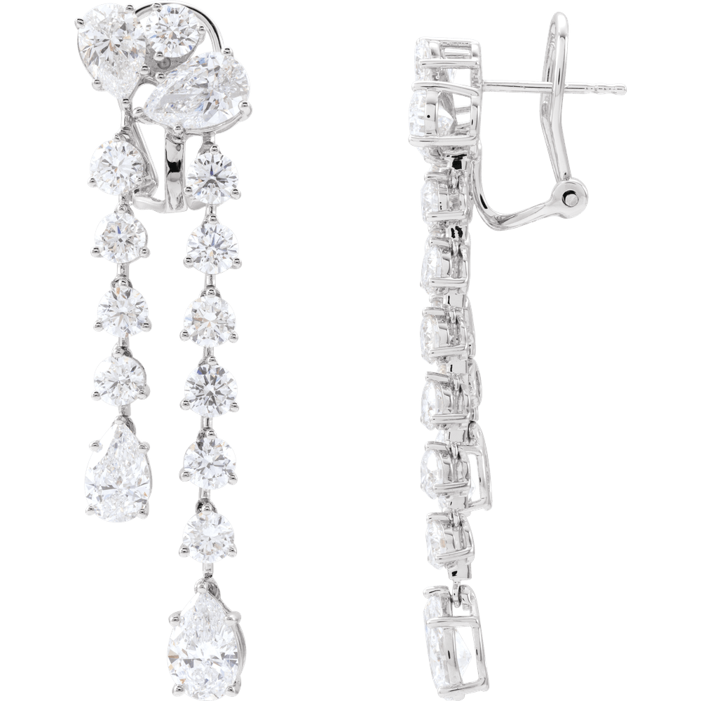Left earring side view of elegant 14K yellow gold Cascade of Diamonds dangle earrings highlighting the movement and brilliance of the stones