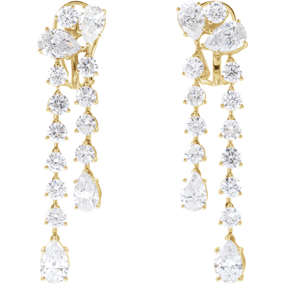 14K yellow gold Cascade of Diamonds dangle earrings with 9.5 carat lab-grown diamonds, showing full cascading design with pear and round cuts