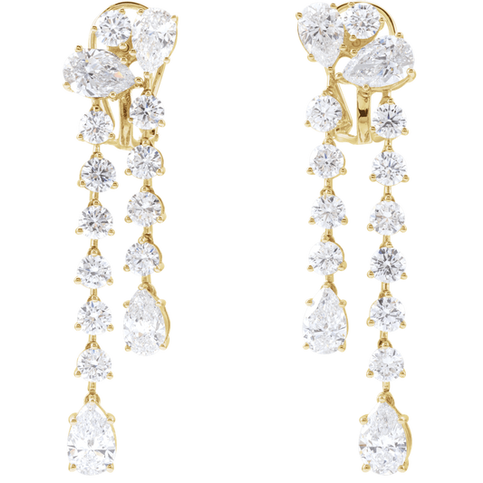 14K yellow gold Cascade of Diamonds dangle earrings with 9.5 carat lab-grown diamonds, showing full cascading design with pear and round cuts