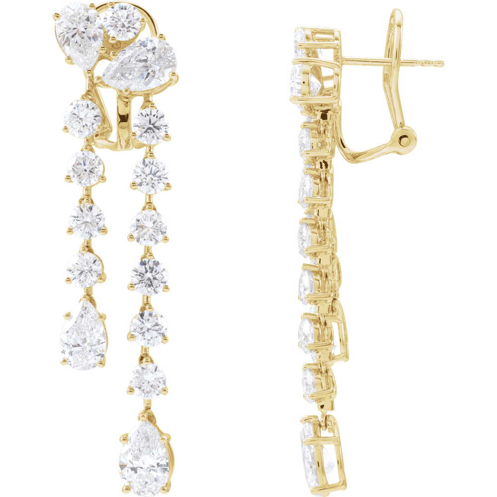 Left earring side view of elegant 14K yellow gold Cascade of Diamonds dangle earrings highlighting the movement and brilliance of the stones