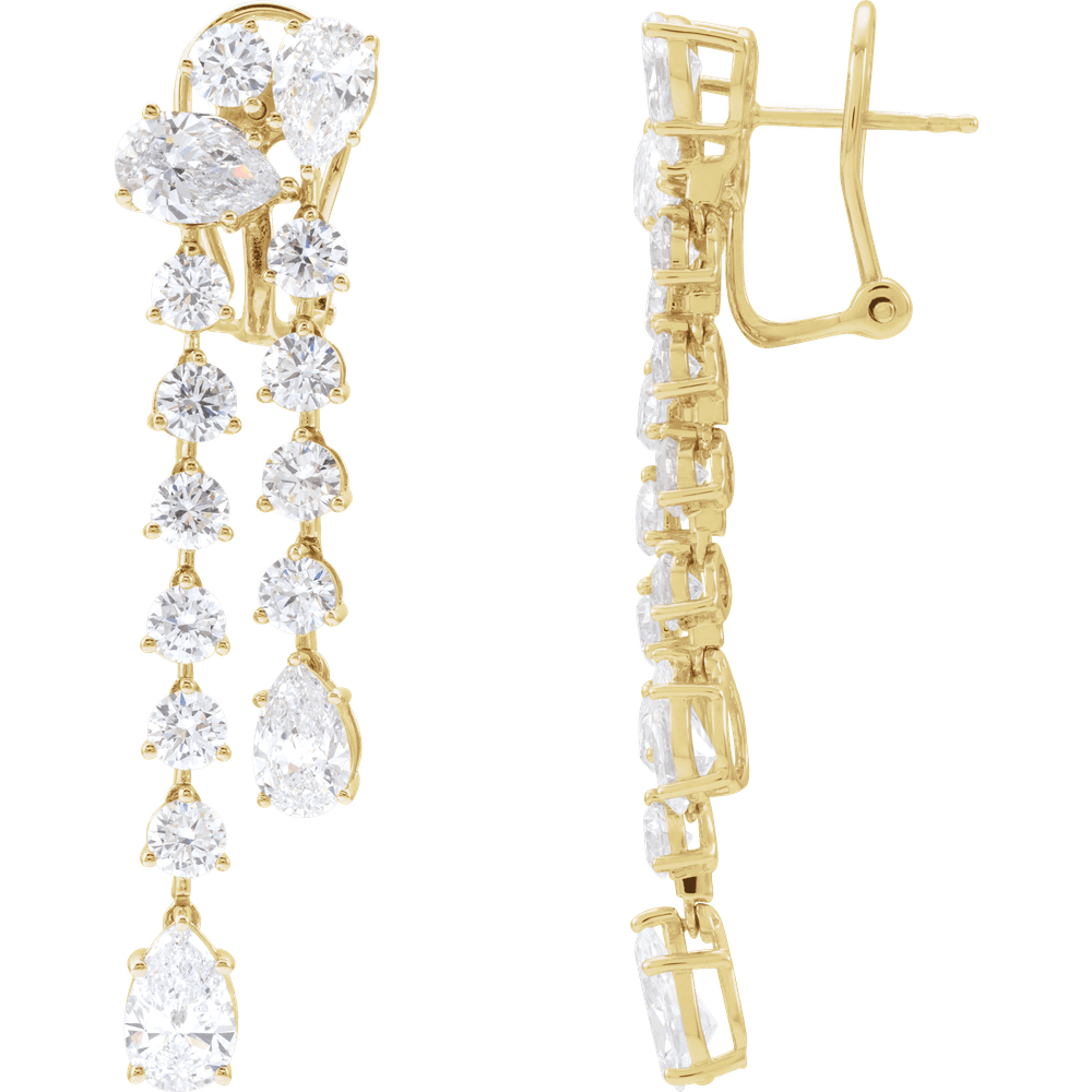 Right earring side profile of 14K yellow gold luxury dangle earrings featuring a waterfall of sparkling lab-grown diamonds, 46.6mm length