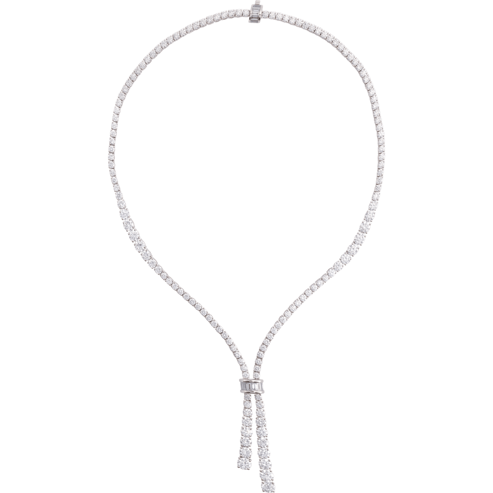14K white gold Cascade of Diamonds Necklace with 26.2 CTW lab-grown diamonds, showing full 20-inch tennis chain and double-drop pendant