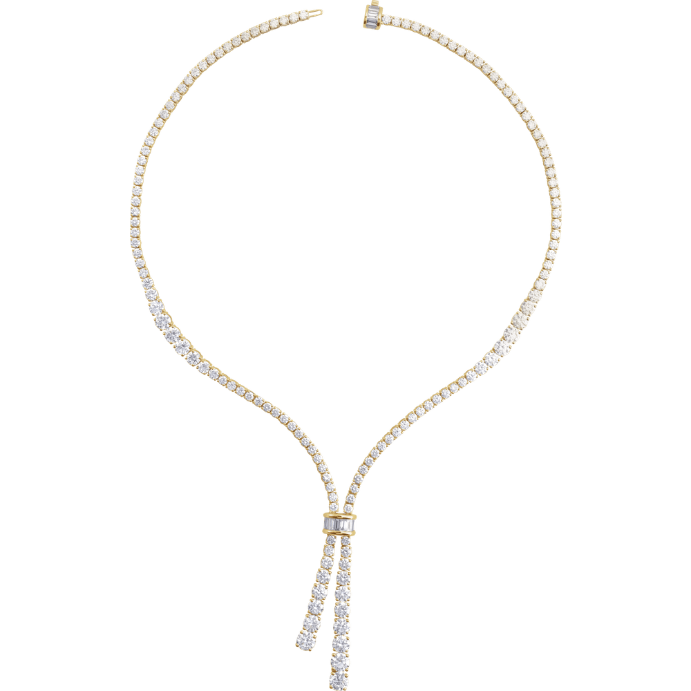 Front view of luxurious 14K yellow gold Cascade of Diamonds Necklace featuring 26.2 total carats of sparkling G-H diamonds