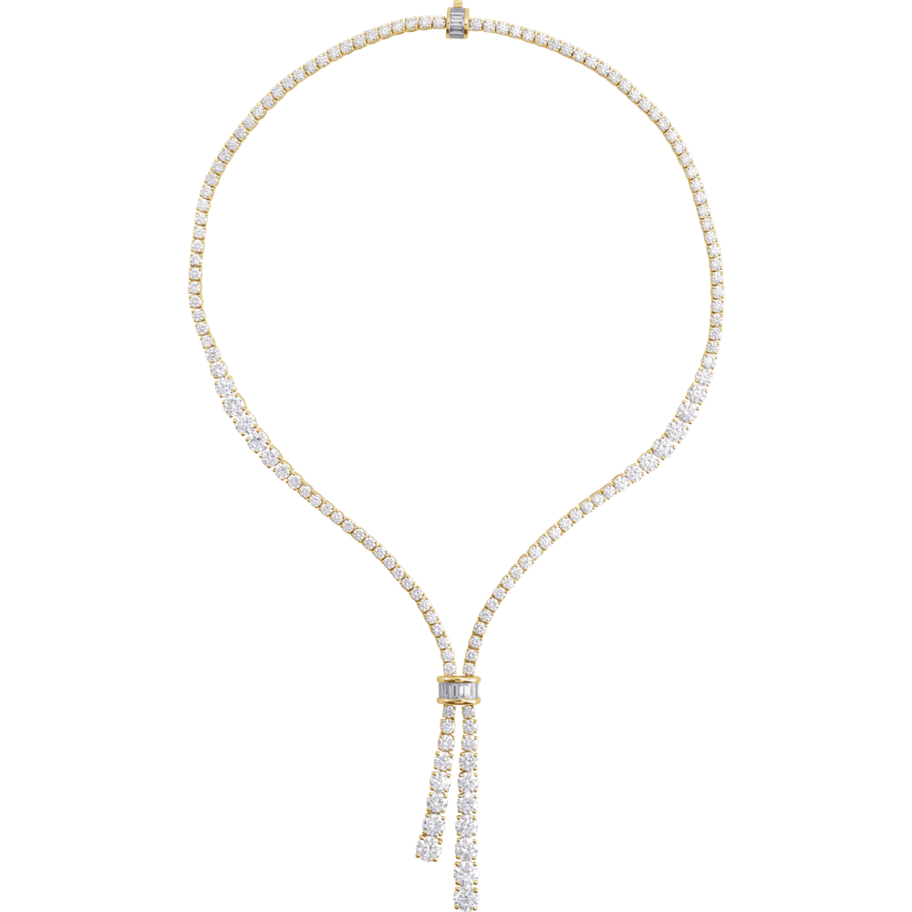 4K yellow gold Cascade of Diamonds Necklace with 26.2 CTW lab-grown diamonds, elegant lariat tennis chain design laid flat