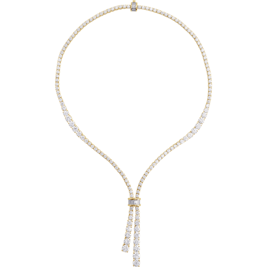4K yellow gold Cascade of Diamonds Necklace with 26.2 CTW lab-grown diamonds, elegant lariat tennis chain design laid flat