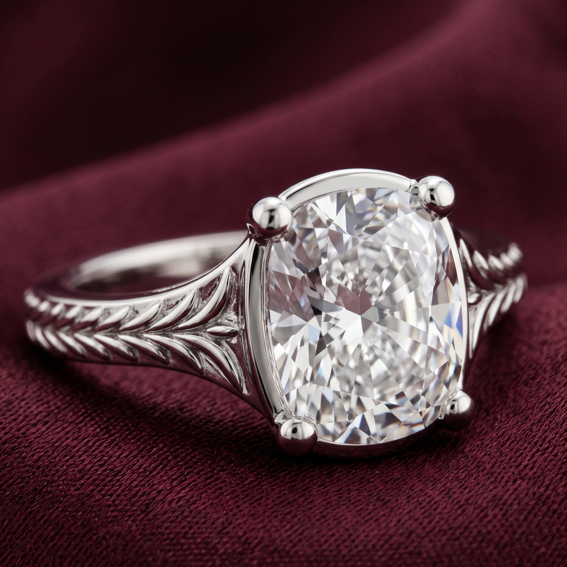 Close up view of cushion cut solitaire engagement ring in 14K white gold featuring a large sparkling cushion cut diamond and detailed leaf engraving on the band