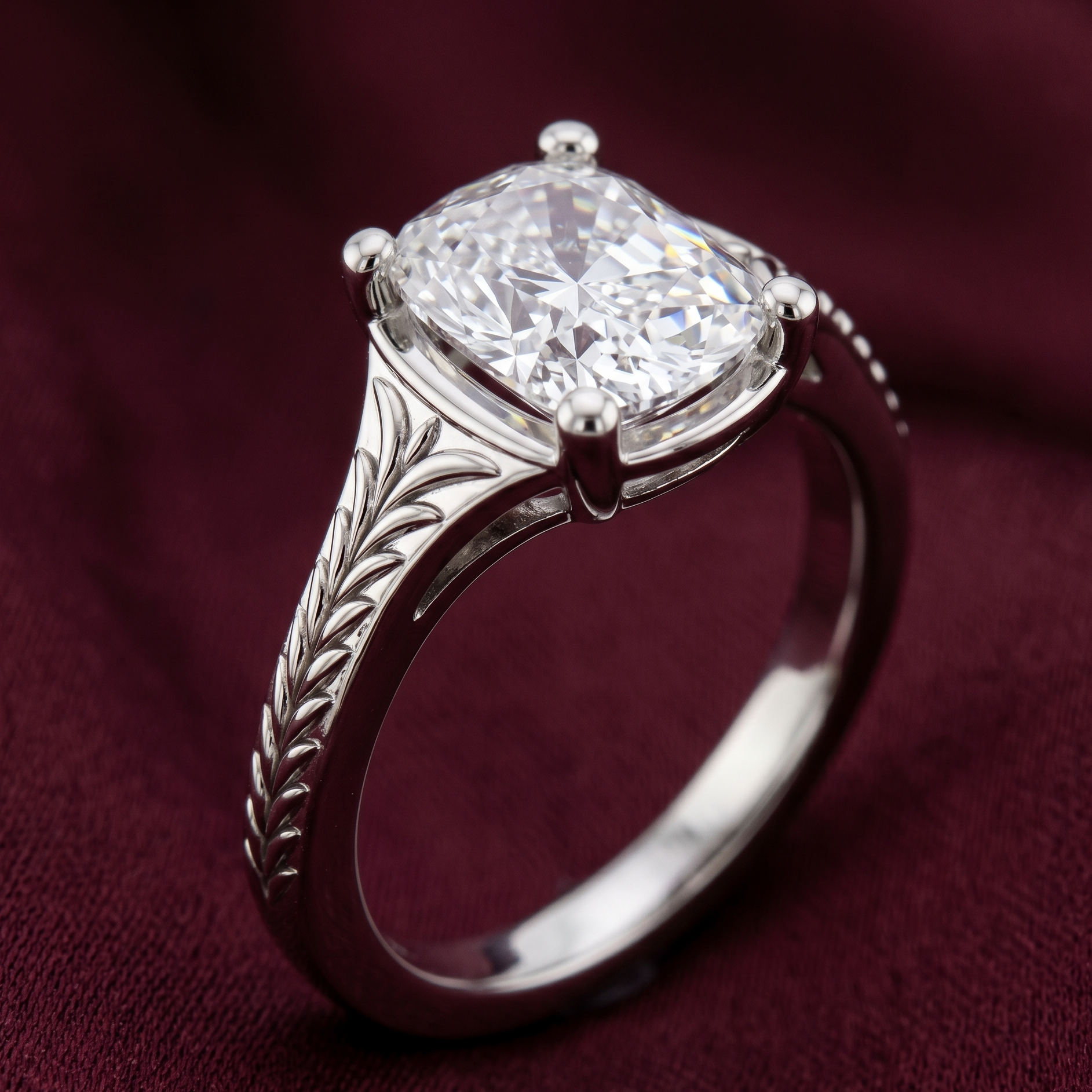 Front view of cushion cut solitaire engagement ring in 14K white gold featuring a large sparkling cushion cut diamond and detailed leaf engraving on the band