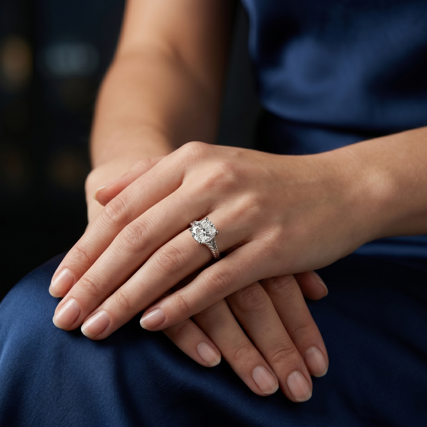 Cushion cut solitaire engagement ring with a brilliant center diamond worn on a woman’s hand in a soft lifestyle setting