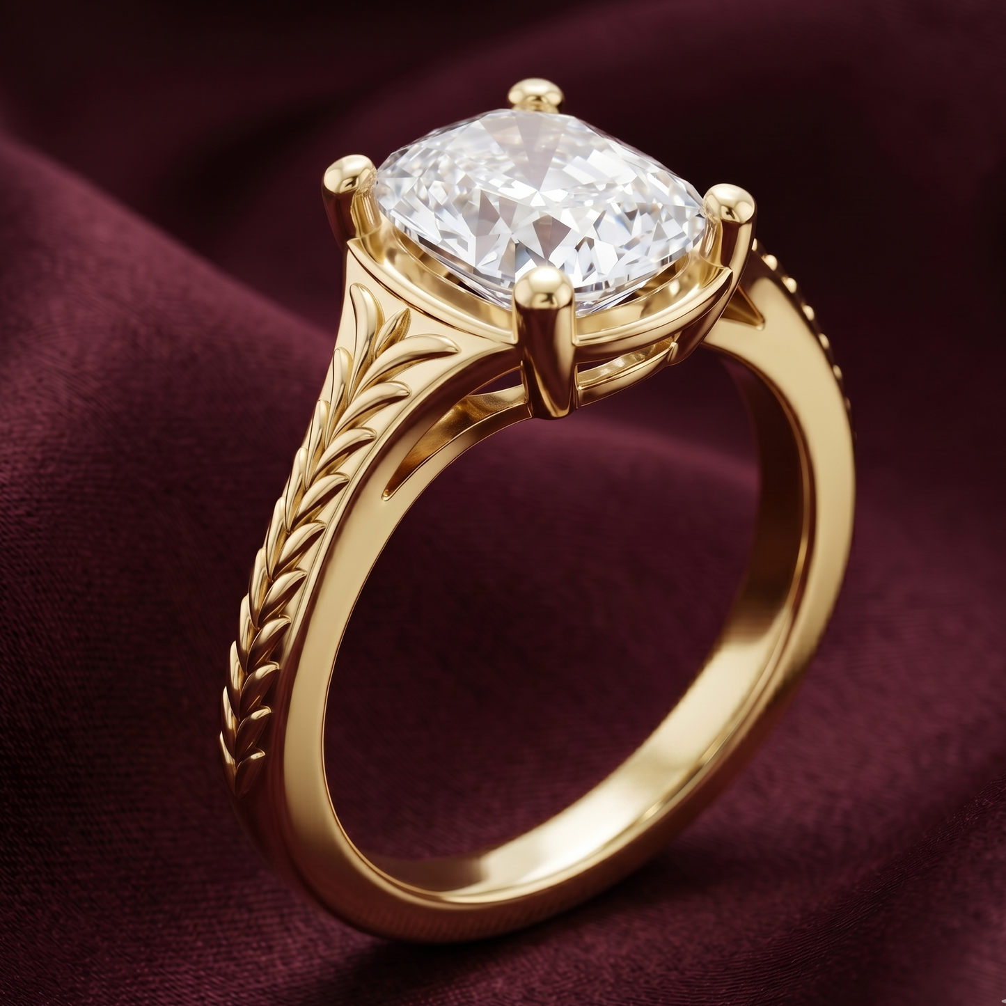 Front view of cushion cut solitaire engagement ring in 14K yellow gold featuring a large sparkling cushion cut diamond and detailed leaf engraving on the band