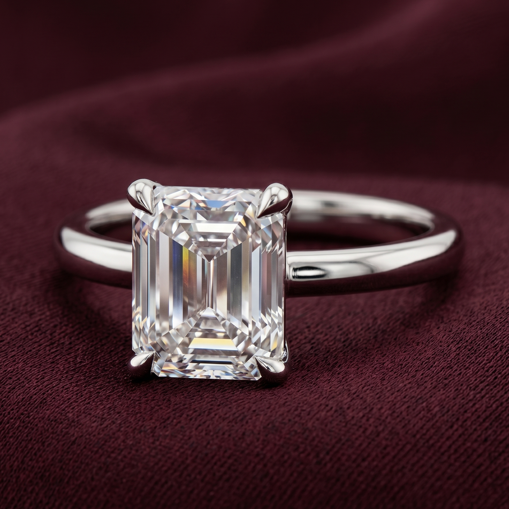 Emerald cut solitaire engagement ring in 14K white gold featuring a 2.50 CT emerald cut lab-grown diamond in E color and VVS2 clarity