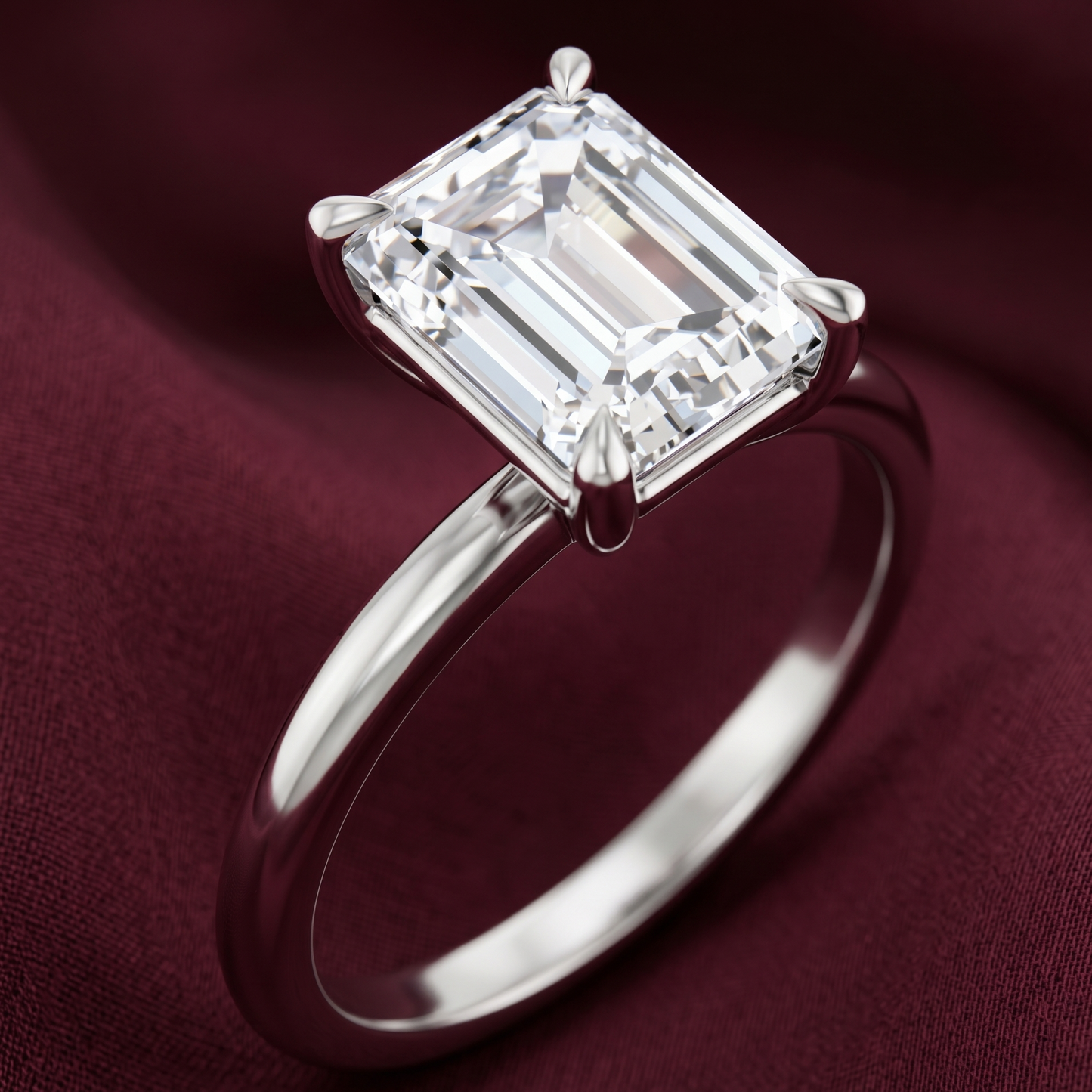 Emerald cut solitaire engagement ring in 14K white gold featuring a 2.50 CT emerald cut lab-grown diamond in E color and VVS2 clarity
