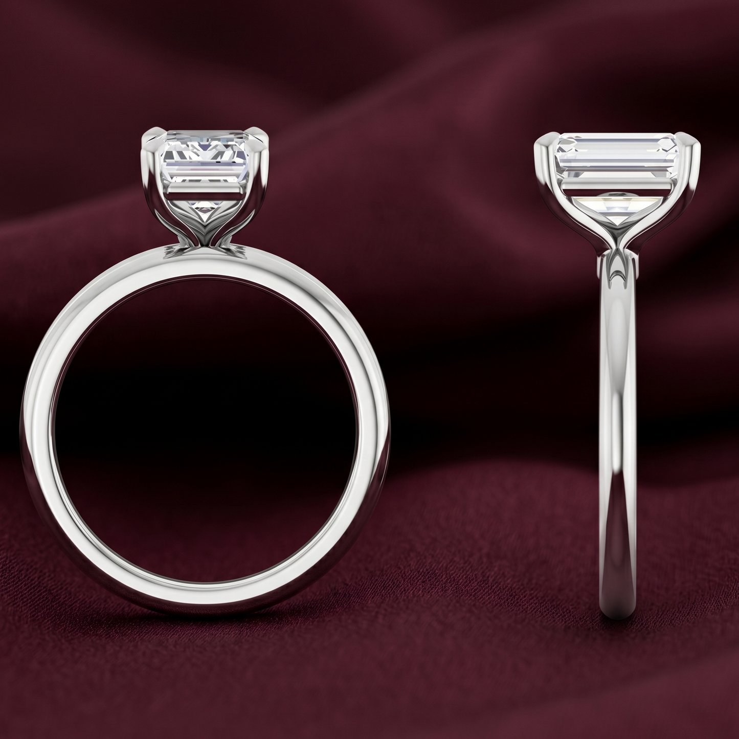 Emerald cut solitaire engagement ring in 14K white gold with a 2.50 CT emerald cut lab-grown diamond, displayed in both front and elegant side profile views
