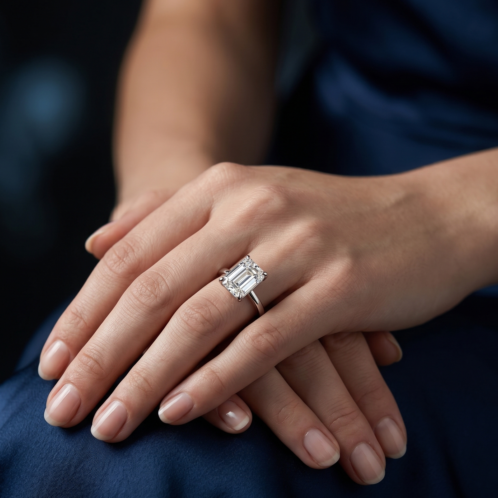 Emerald cut solitaire engagement ring with 2.50 CT lab-grown diamond worn on a woman’s hand in a soft lifestyle setting