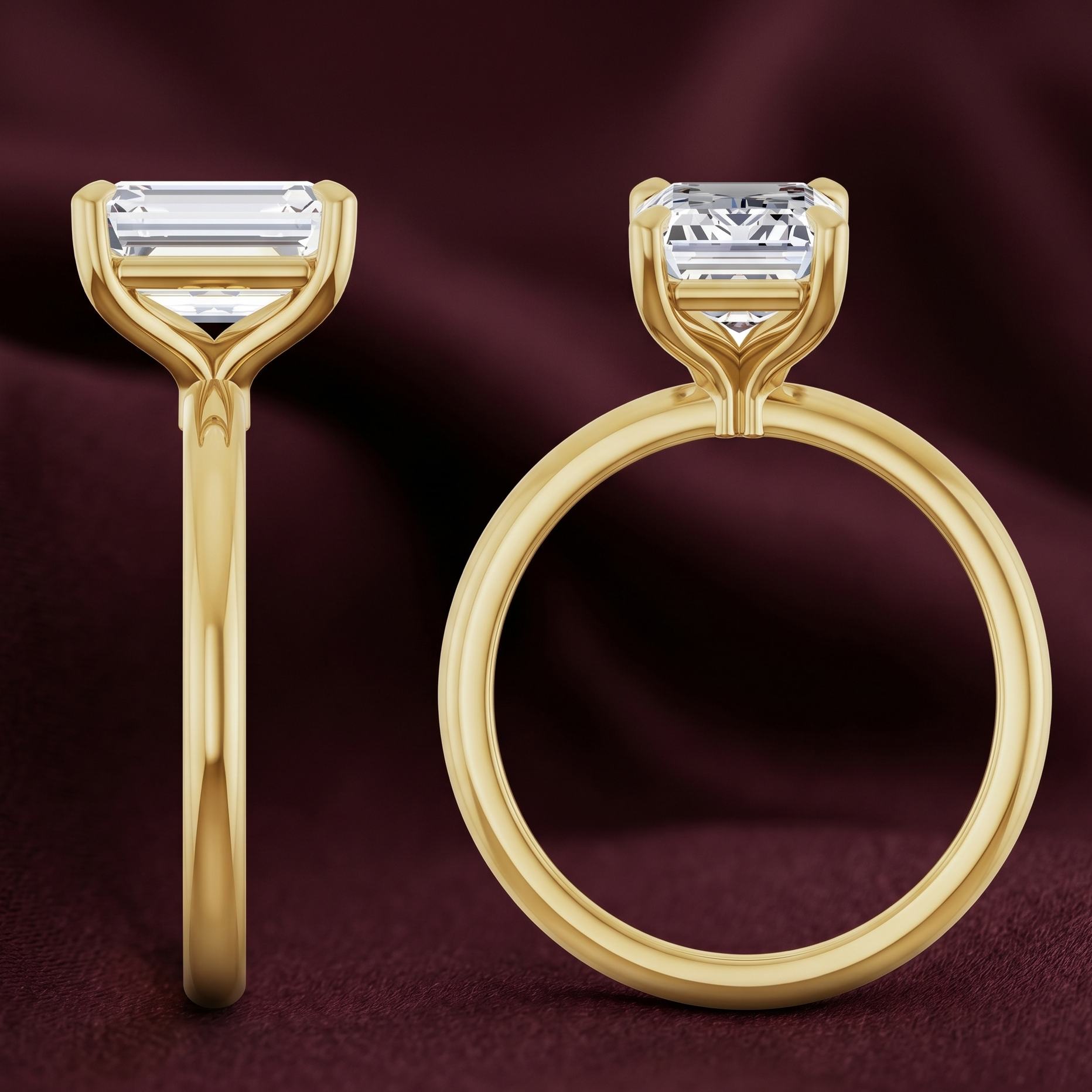 Emerald cut solitaire engagement ring in 14K yellow gold featuring a 2.50 CT emerald cut lab-grown diamond, shown from both front and side profile views