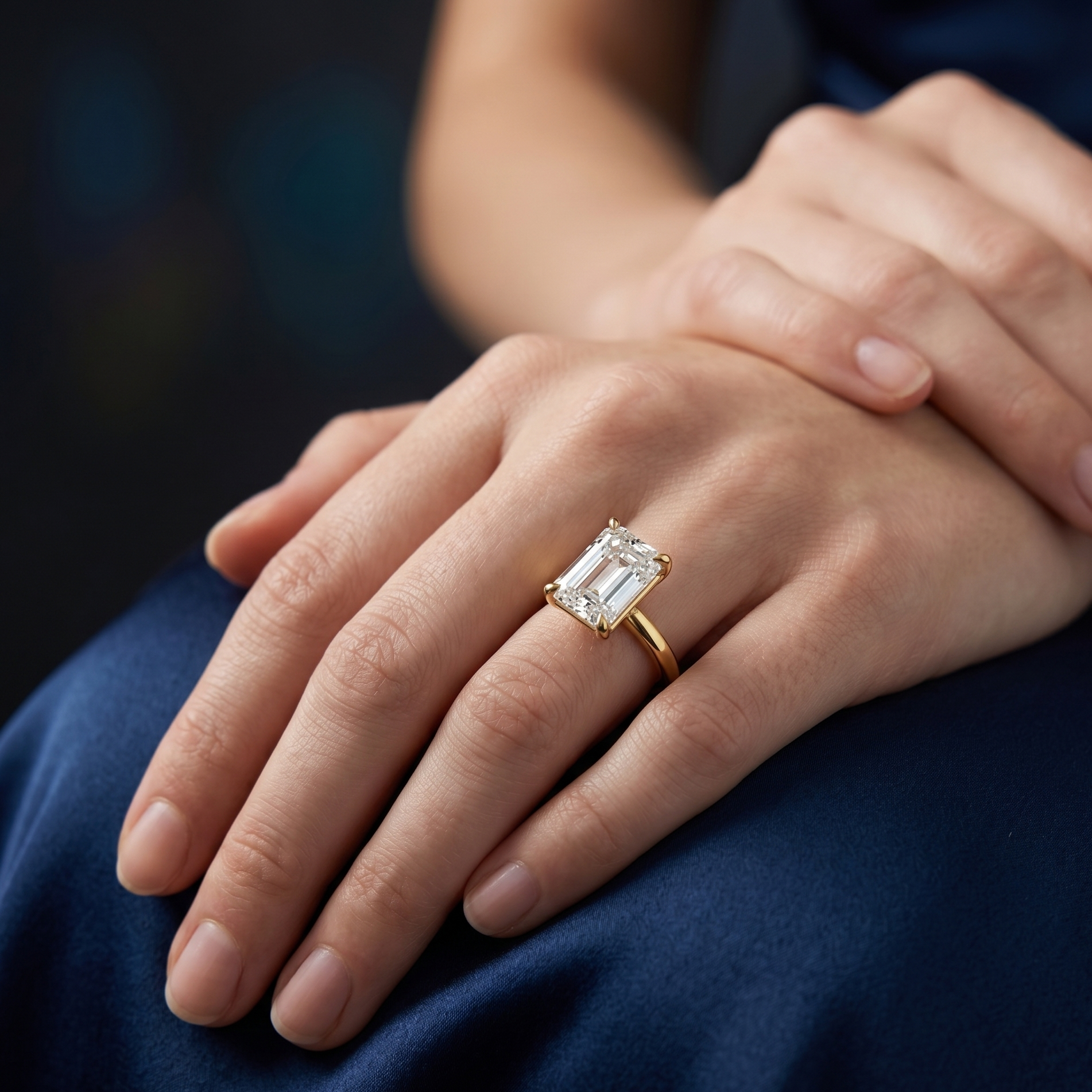 Emerald cut solitaire engagement ring with 2.50 CT lab-grown diamond worn on a woman’s hand in a soft lifestyle setting